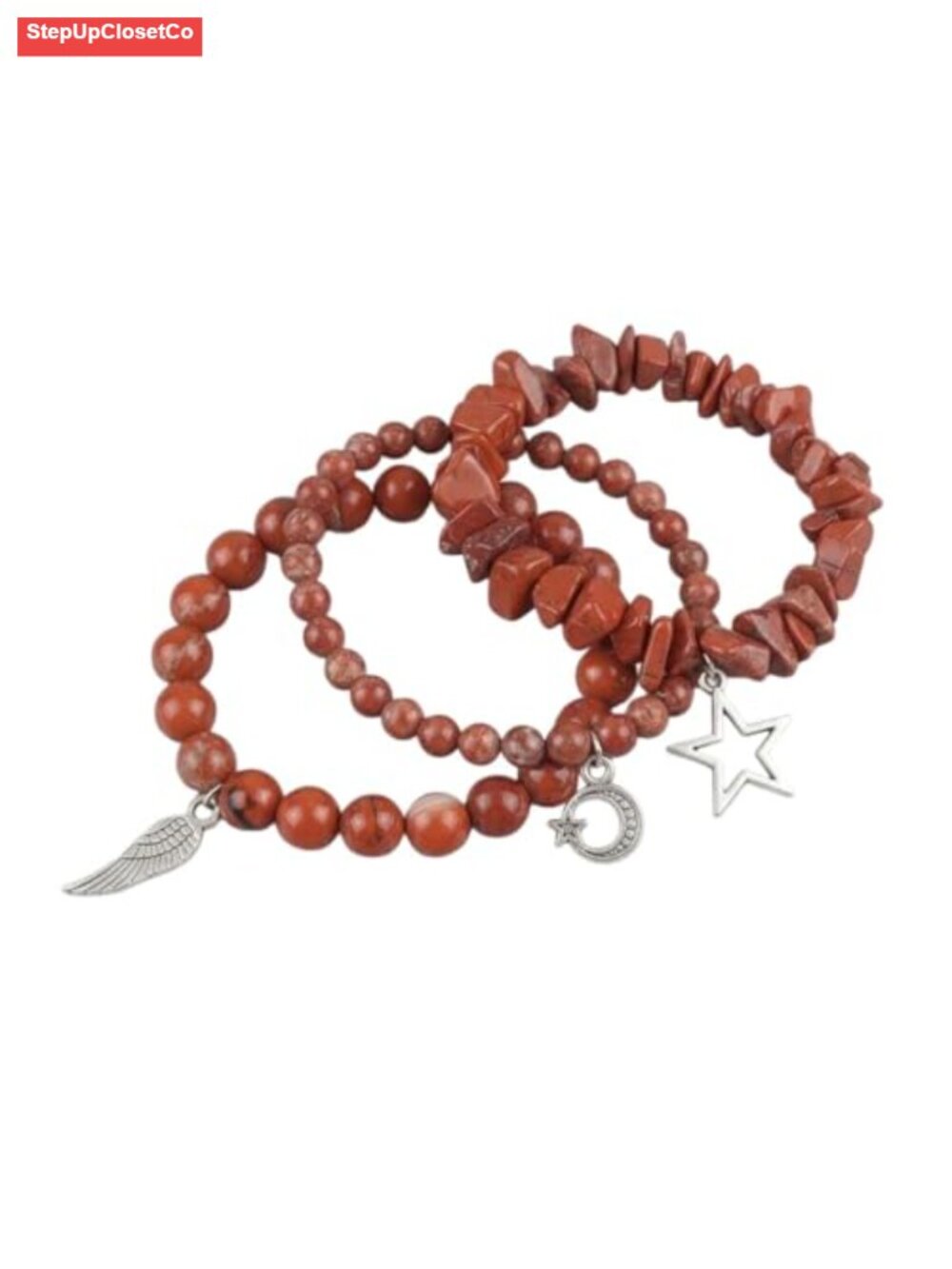 Handcrafted Crystal Chip Stone Stretch Bracelet Set with Star Moon Wing Charms